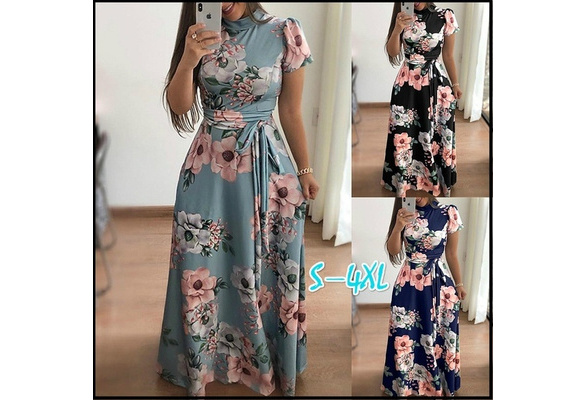 Summer Long Dress Floral Print Short Sleeve Elegant Dress Tunic Maxi Dress  Women Evening Party Dress Sun Dress | Wish